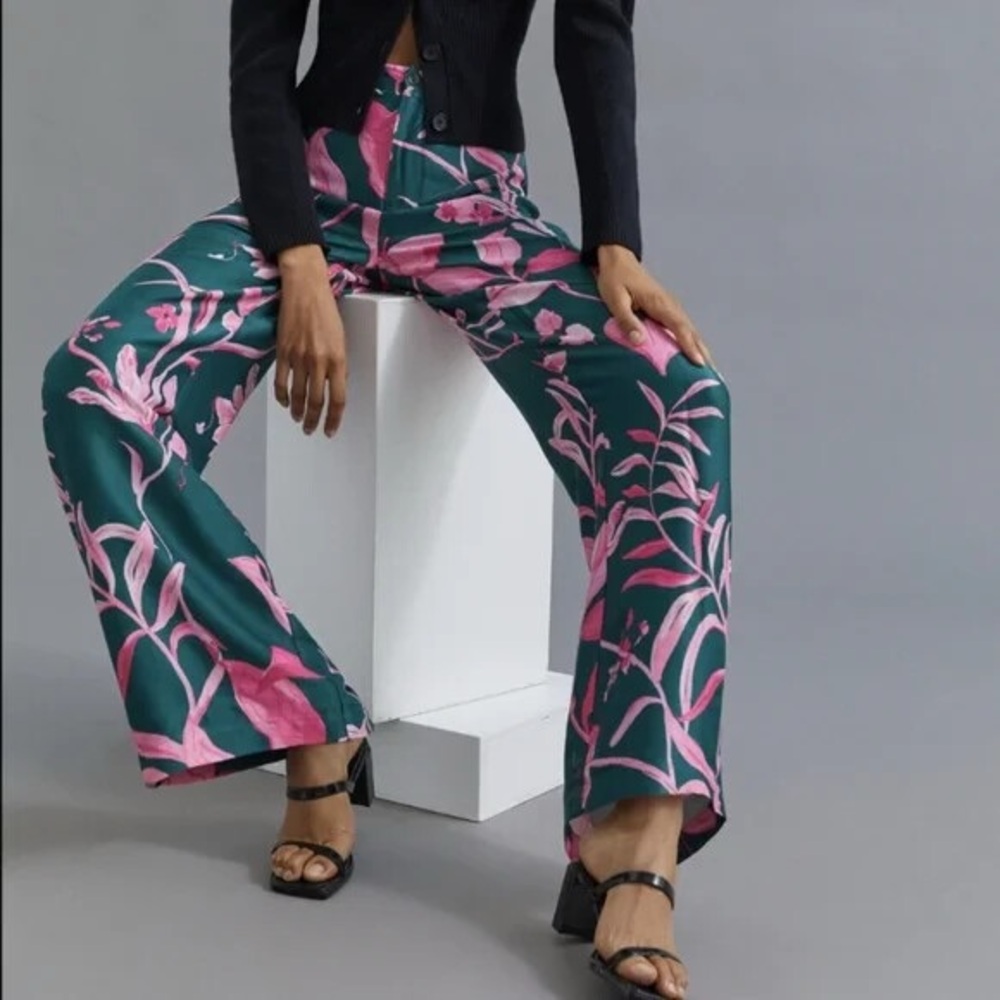 Anthropologie Tropical Floral Breezy Print Wide Leg Pants Green Pink Size 2 - Picture 2 of 13